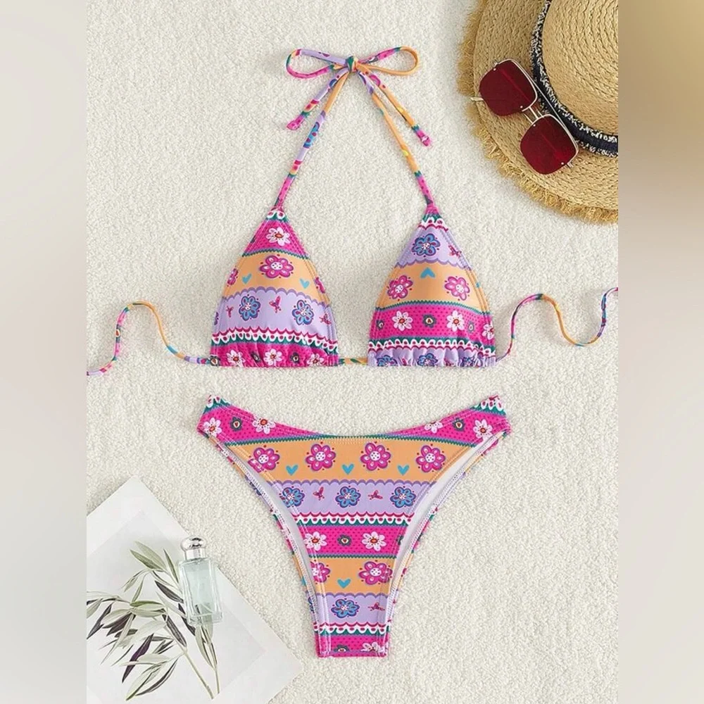 NWOT Colorblock Purple Orange Pink Stripe Floral Print Bikini Set Size Large